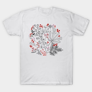 Flowers and Leaves with Autumn Berries_Black Lines T-Shirt